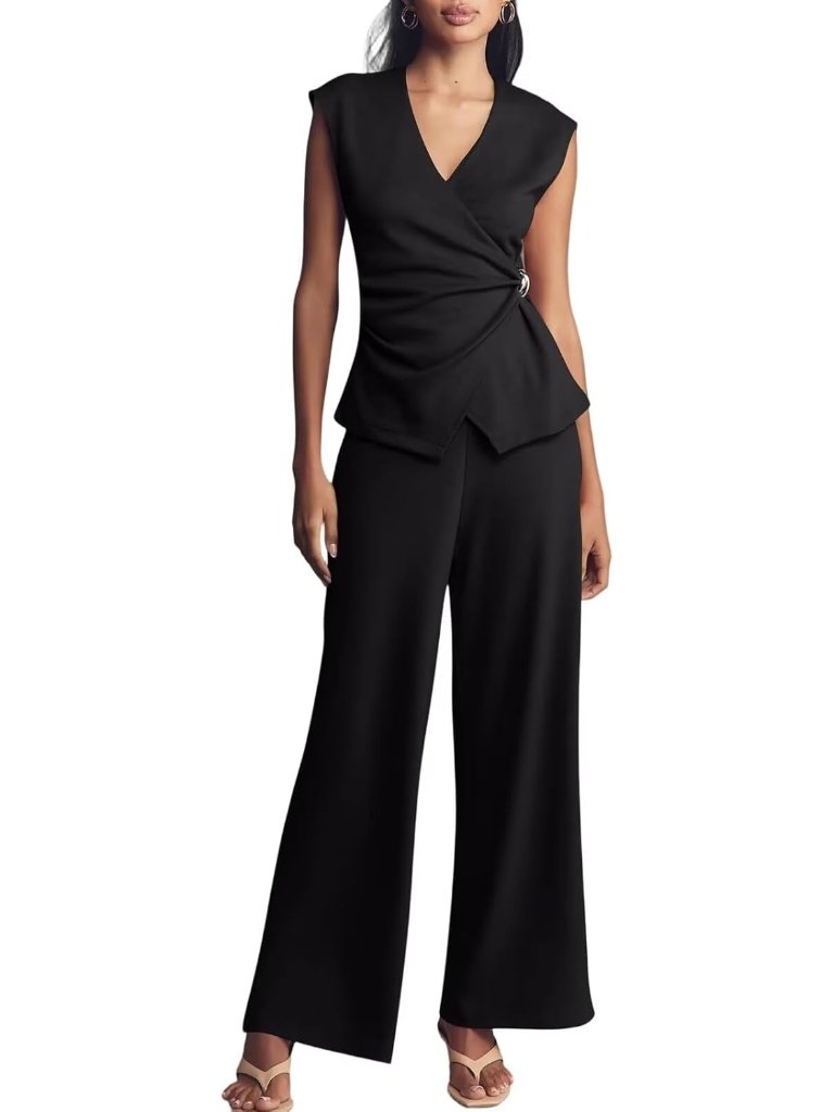 Women 2 Piece Deep V Neck Sleeveless Short Top Black Wide Leg Pants Lounge Set